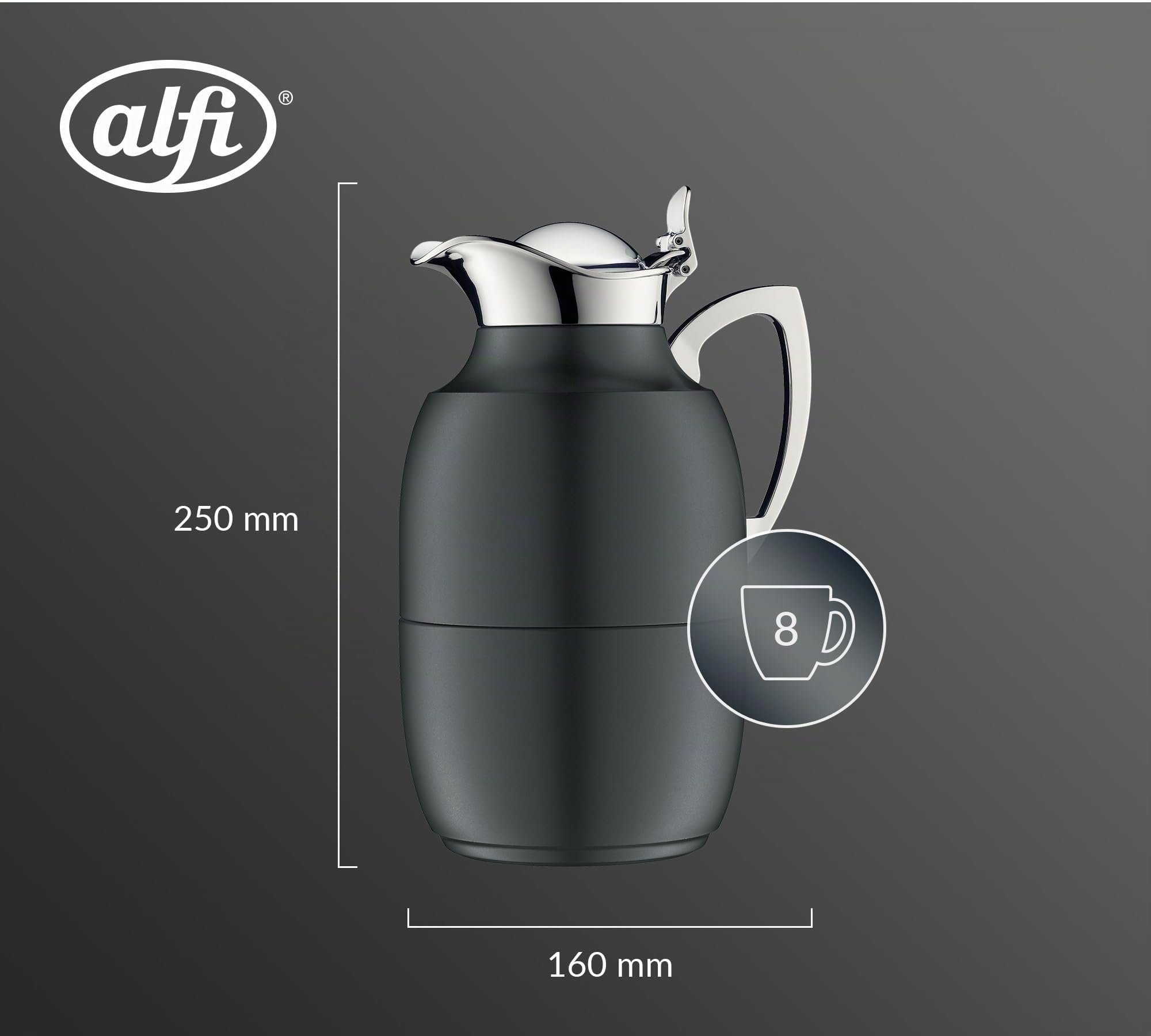 alfi JUWEL 1,0l, satin black mat, elegante Isolierkanne mit Hartglaseinsatz, 12h heiß & 24h kalt, ideal als Kaffeekanne, Teekanne