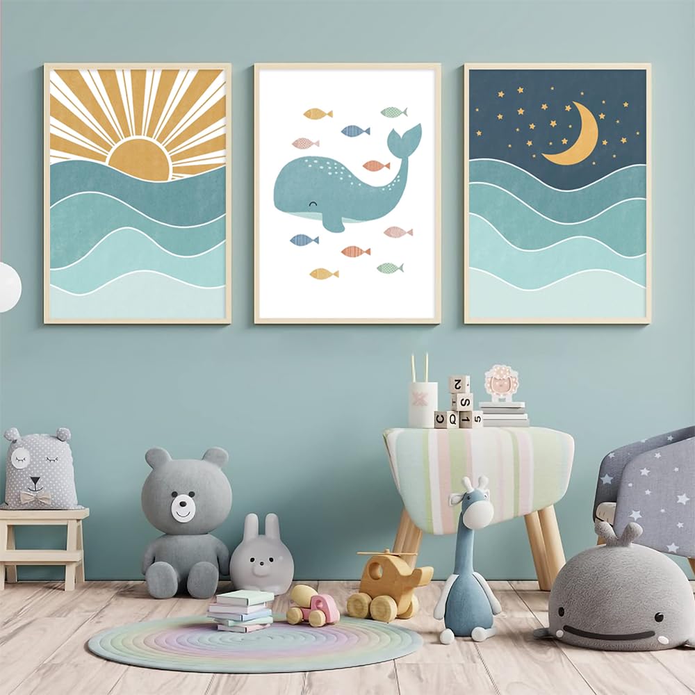 3 Affiche Animaux Marin Enfant 30X40CM Poster Enfant Lune Soleil Baleine Tableau Decoration Murale Chambre Bebe Garcon Toile Bebe Affiche Chambre Bebe Bleu Cadeau sans Cadre (BOGC143)