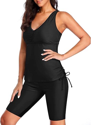 Miniatura 4 de Yonique Traje de baño tankini de dos piezas para mujer con pantalones cortos, traje de baño atlético con pantalones cortos de natación con espalda