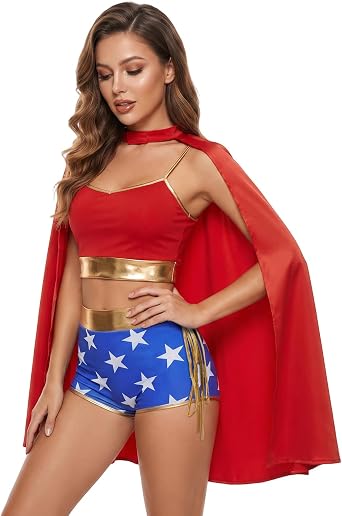 Women Hero Costumes, Spaghetti Strap Tops Star Shorts and Red Cloak Set