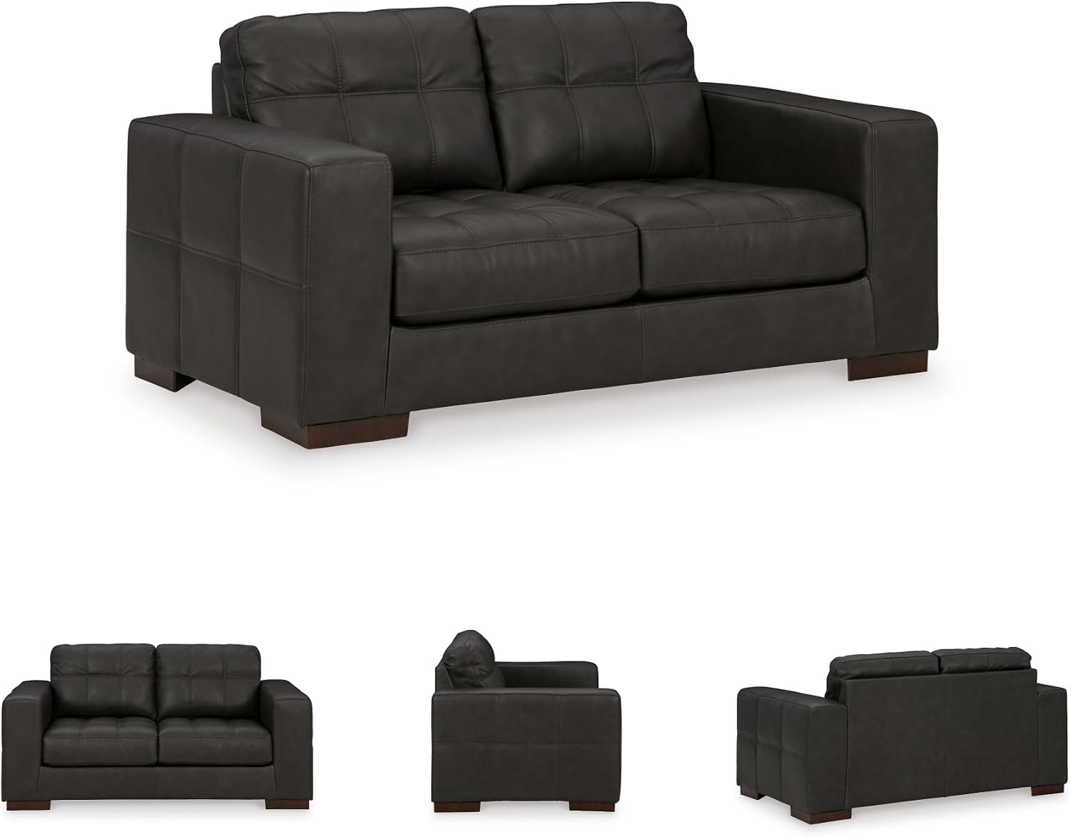 BOWERY HILL Corner-Blocked Frame Loveseat with Exposed Feet, Faux Wood Finish, 70" W x 41" D x 35" H, Leather Match Upholstered, Tufted Cushions, Contemporary Style for Living Room Seating