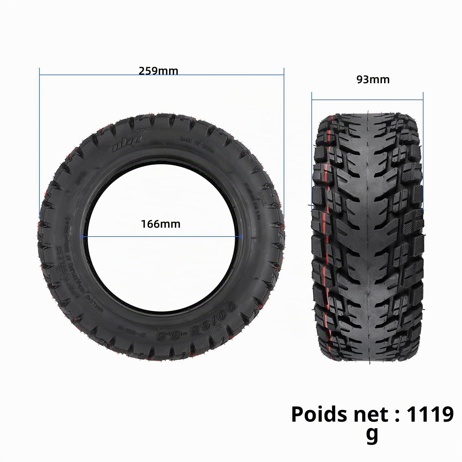 Pneu sans chambre à air 90/65-6,5 avec double épaisseur pour trottinette électrique Zero 11X/Speedual Plus/Dualtron Ultra/Kaabo