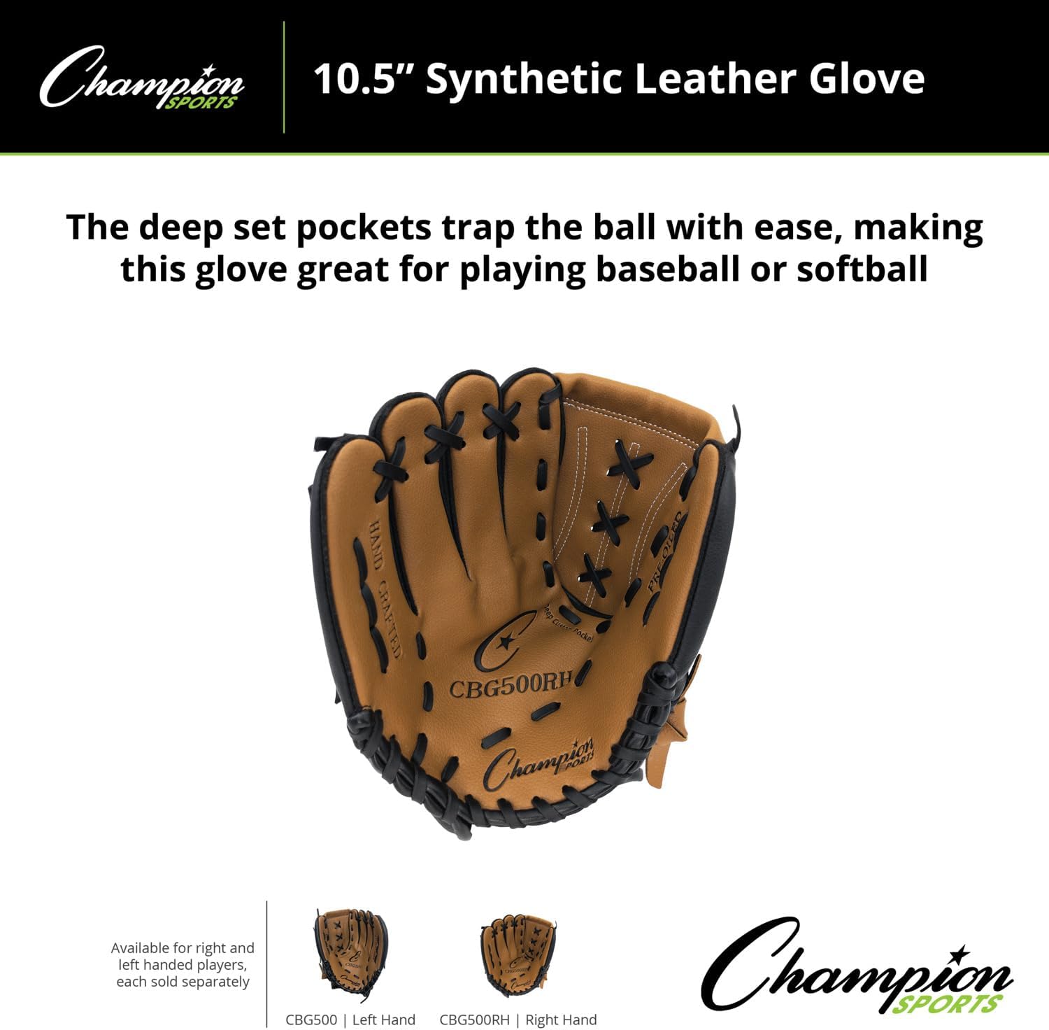 Champion Sports Catcher's Mitt - Synthetic Leather | Deep Pocket and Scoop Toe Design | Adjustable Wrist Strap Closure | Youth Size: 32" | Regular Fit