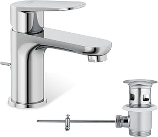 KLUDI-X1 Wasserhahn Bad mit Zugstangen-Ablauf, Auslaufhöhe 75 mm, wassersparende Waschtischarmatur Größe S, Keramikkartusche, Mischbatterie Waschbecken inkl. Anschlussschläuche in Chrom