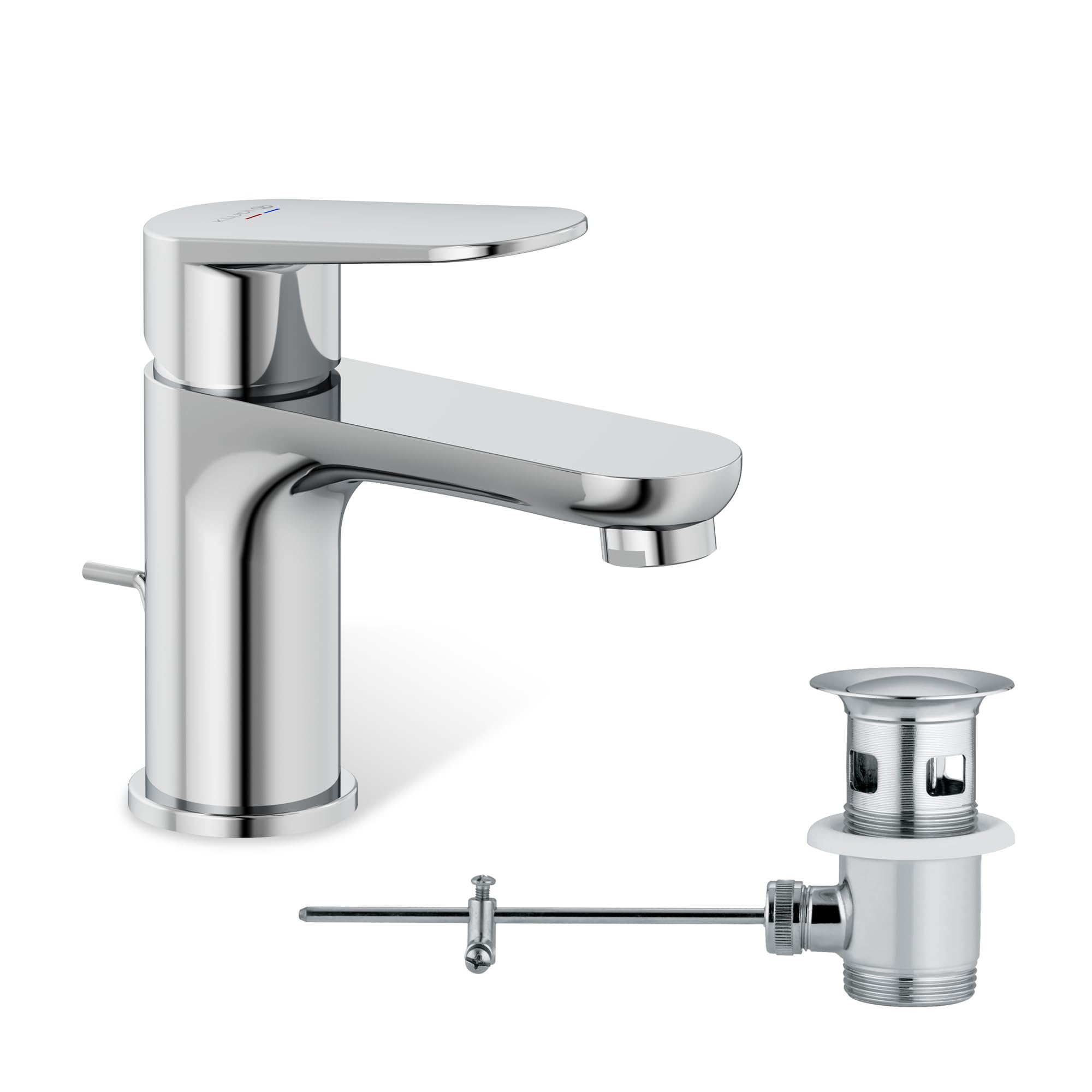 KLUDI-X1 Wasserhahn Bad mit Zugstangen-Ablauf, Auslaufhöhe 75 mm, wassersparende Waschtischarmatur Größe S, Keramikkartusche, Mischbatterie Waschbecken inkl. Anschlussschläuche in Chrom