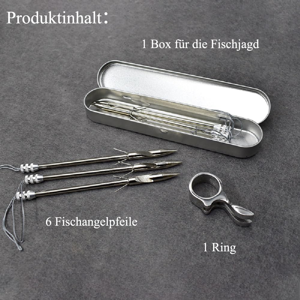 Edelstahl Schleuder Fischerei Pfeil Bogenschießen, 1 Ring, 1 Box für Fischschießen, 6 Fisch Fischerei Pfeile, Fischschießen Darts, Finger Ring Launcher Silber (Paket A)