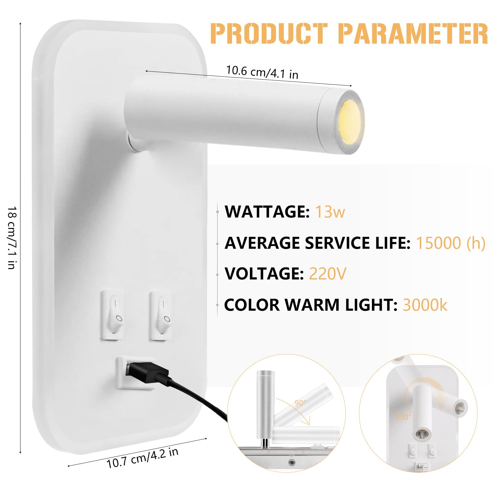 UrbanHomes Lampada da parete a LED, 12W Lampada da Lettura Sul Comodino con interruttore Porta di ricarica USB, Applique da Corridoio per hotel in camera da letto (Luce Calda 3w + 9w) (Bianco)