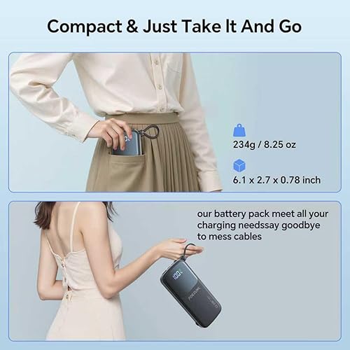 Miniatura 6 de Cargador portátil, 12000mAh 22.5W USB C Cargador de energía de carga rápida con cables integrados y enchufe de pared de CA