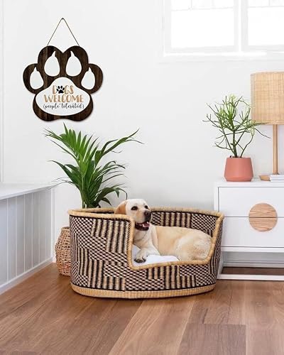 Eveokoki Dogs Welcome People Tolerated Footprint Wooden Plaque 10 X 9.5 Inches Funny Wood Signs Paw Shape Dog Rules Decorative Plaque With Hanging Rope For Wall, Front Door Decor #TOP1