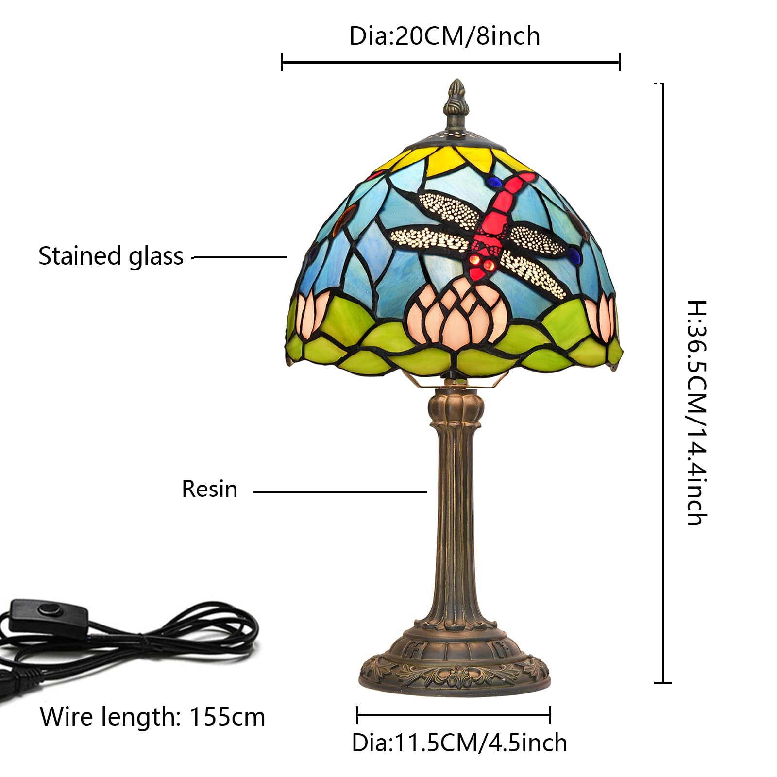 Lampada Tiffany di Vetro Colorato Fiore di Loto Dragonfly - Lampada da Tavolo per Soggiorno e Camera da Letto - Comodino Blu Piccolo - Luce Notturna Carina per Bambini