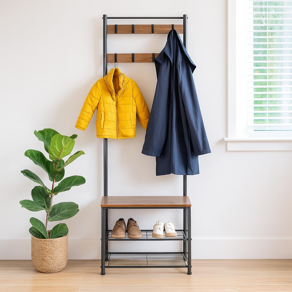 Harbour Housewares Coat Rack with Shoe Storage Bench - Wooden, Steel Frame - Square - Black/Brown - 4 in 1 Hall Tree Coat Stand with 9 Hooks with 3-Tier Shoe Rack Shelves Organiser for Hallway