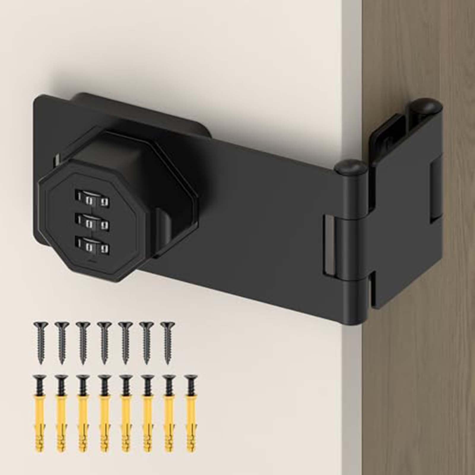 GUODDM Zinc Alloy Keyless Folding Hasp Lock Latch, 90 Degree 3-Digit Combination Cabinet Lock, Password Security Rotary Door Latch For Office File Cabinet, Drawer, Locker, Cupboard(Black,1)