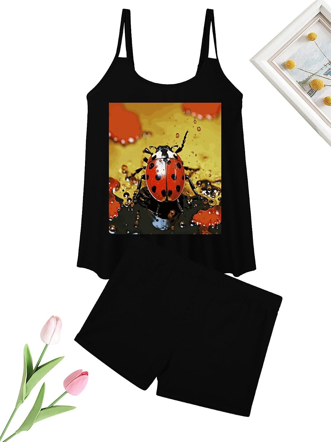 Paint Spotted Ladybug Tankini Swimsuits for Women Tummy Control Two Piece Bathing Suits Swim Tops with Boy Shorts