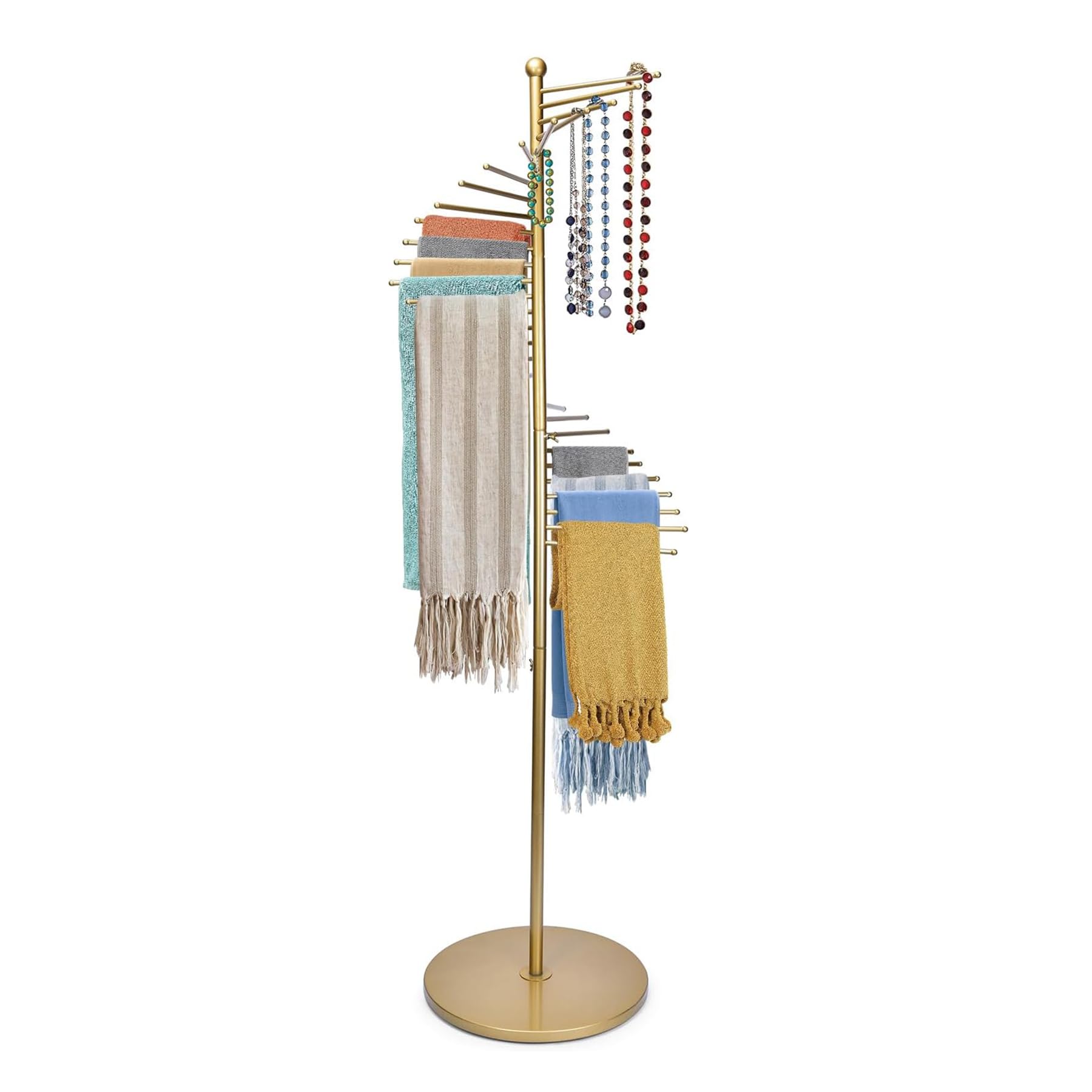 Appendiabiti in metallo, supporto per sciarpa a spirale autoportante, appendiabiti multifunzionale con 30 aste per cravatte, cintura, pantaloni, asciugamano (oro, 42 x 170 cm)
