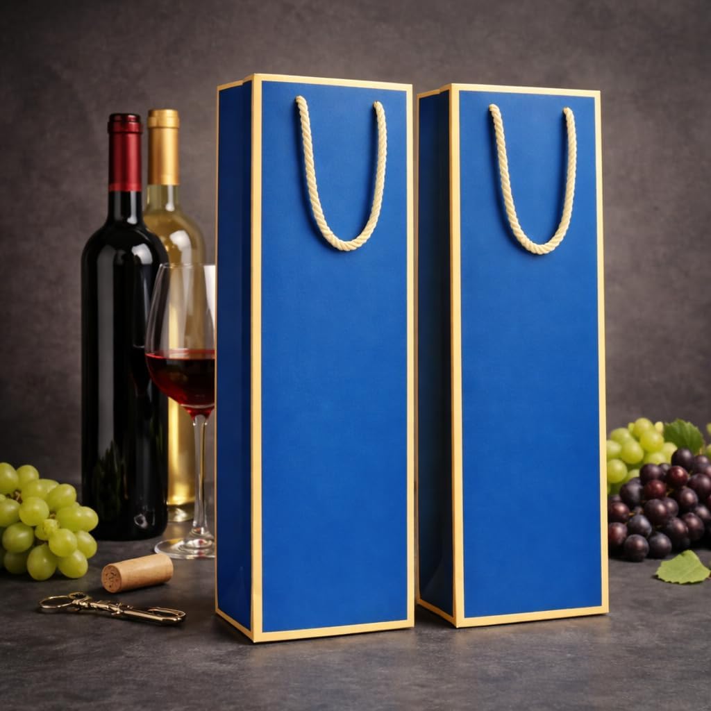 excvalues 50 Pack Wine Gift Bag for Bottles with Handles, 4.3 x 3.7 x 14 inch Heavy Duty Paper Wine Bag Bulk Wine Bags Bottle Bags for Gifts Travel & Retail Shipping(Blue)