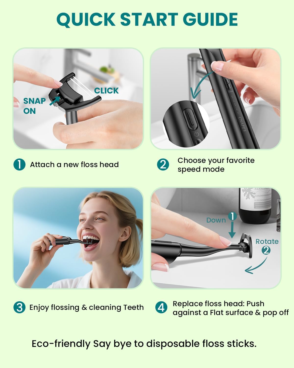 Electric Flosser for Teeth - 54 Refill Reusable Heads + 5 Speeds, 5X Cleaning & 60-Day Battery Life, Easy Glide Flossing for Gentle Gum Care, More Effective Than String or Water Flosser