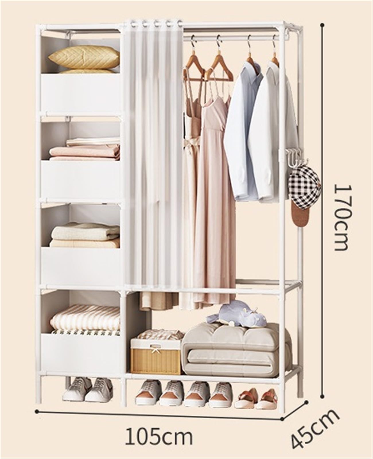 Garde-Robe, Armoire Autoportante avec Tringles Suspendues Et Rangement De Vêtements for Rideaux for Vestiaire Meuble de Rangement(White)