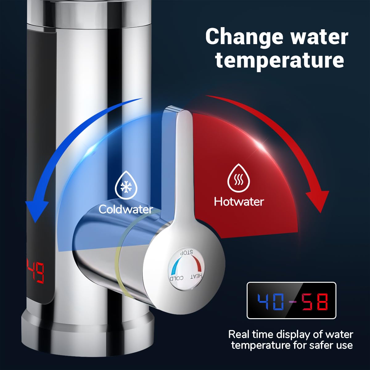 Grifo con Calentador de Agua Instantaneo, Grifo Eléctrico con Calentador de Agua Instantáneo, Grifo Calentador de Agua Instantáneo LED Giratorio 360°, Grifo Eléctrico 220V 3000W