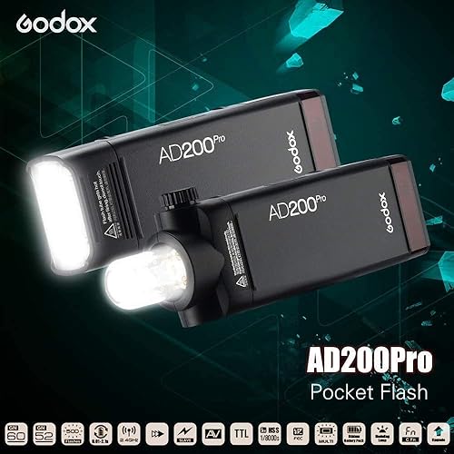 Miniatura 9 de Godox AD200 Pro AD200Pro Flash Strobe, TTL Pocket Flash Monolight, 200W 2.4G Speedlite HSS 18000s 2900mAh batería de iones de litio, 500 destellos
