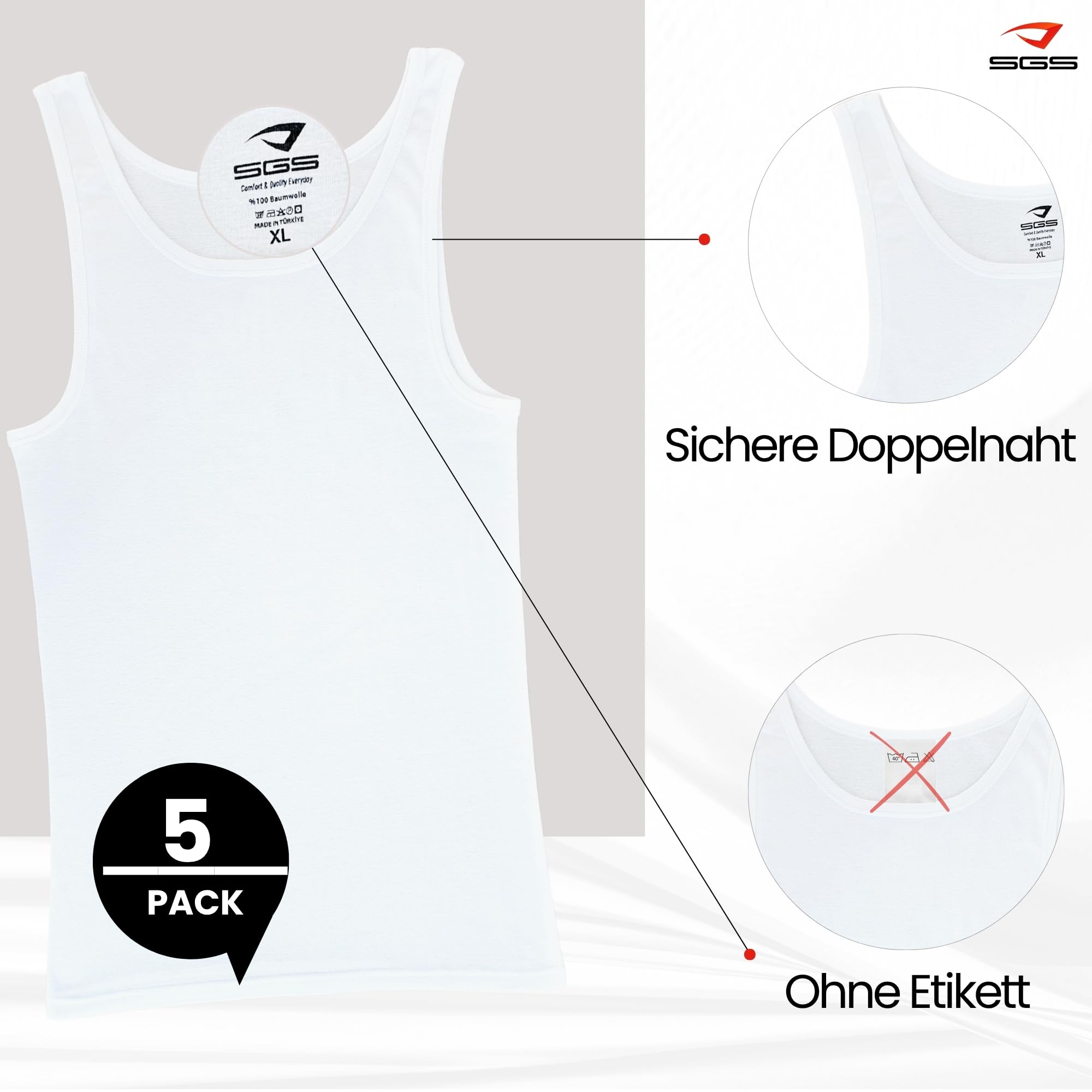 SGS Confezione da 5: eleganti canottiere da uomo extra lunghe + 12 cm e canotta da uomo, a costine sottili, da uomo e da uomo, bianco, XL