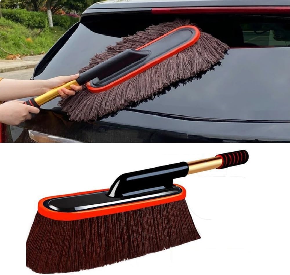DETACHI Microfiber Car Duster with Extendable Handle and Wax Treated Cotton Strands:Scratch Free, Lint Free Cleaning Tool for Wet & Dry Dusting, Polishing, Washing for Bike, Car, Truck, Office-Brown