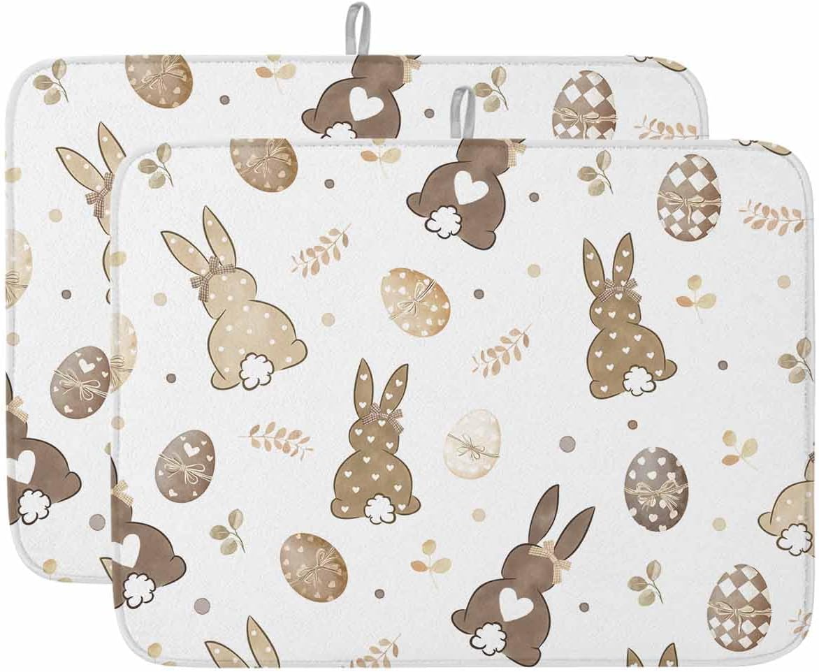 Spring Easter Rabbit Brown Egg on White Dish Drying Mats for Kitchen Counter,Absorbent Microfiber Dish Drainer Rack Mat Wave Point Leaf Drying Pad for Sinks,Utensils,Countertops,18x24in