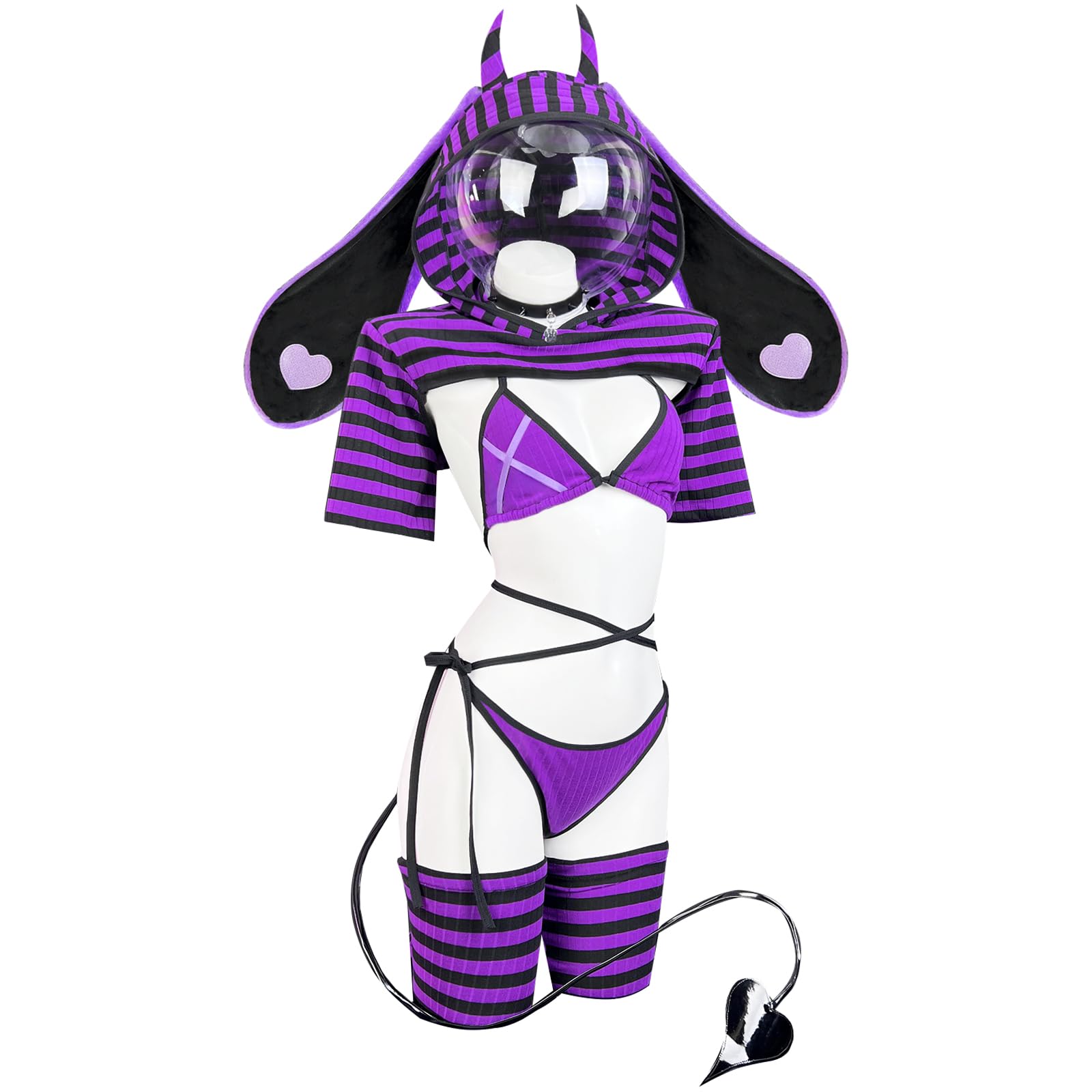 KORURACLUB Bunny Lingerie Cosplay Sexy Bodysuit Bunny Outfit Stripe Costume Demon Jail Costume(Bikini L-XL)