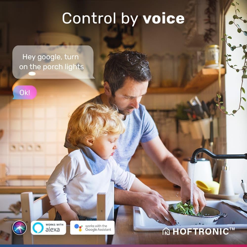 Man and child in a kitchen, demonstrating voice control for smart lights