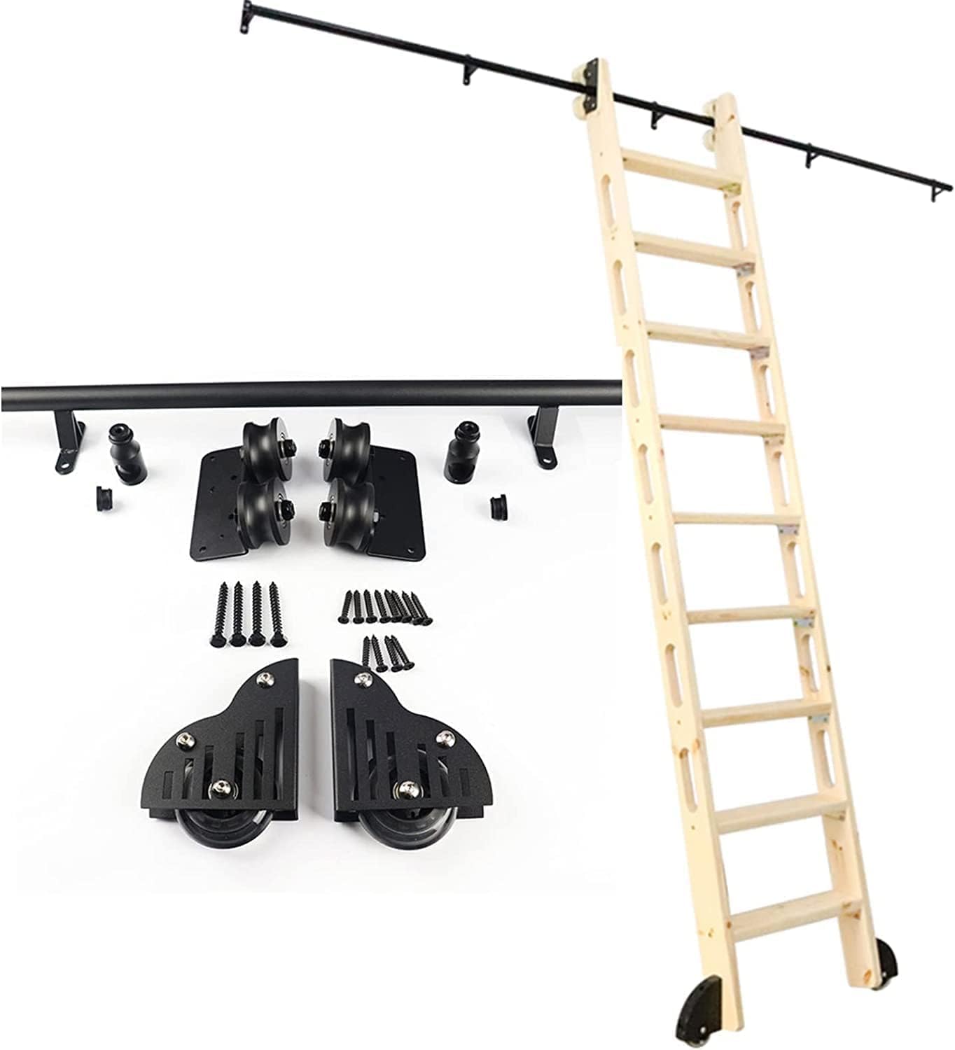 Durable Rolling Ladder Sliding Rail Track Hardware Kit | Sliding Ladder Track Rolling Library Ladder Mobile Ladder Track Kit for Home Office - Black，OneColor-300cm Track kit