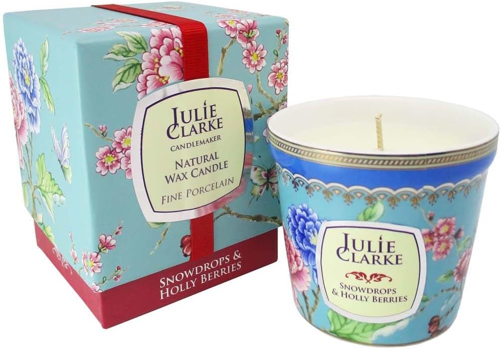 Julie Clarke150g Scented Candle Botanic Snowdrops and Hollyberries Bone China Jar Christmas Present Birthday Holiday Housewarming Gift