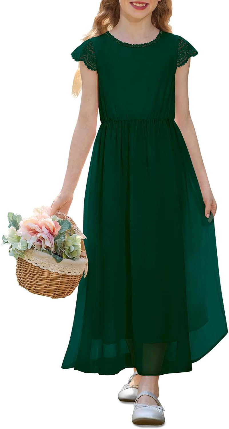 Haloumoning Flower Girl Chiffon Maxi Dress Kids A-Line Lace Sleeve Junior Bridesmaid Wedding Party Dress 5-14Y