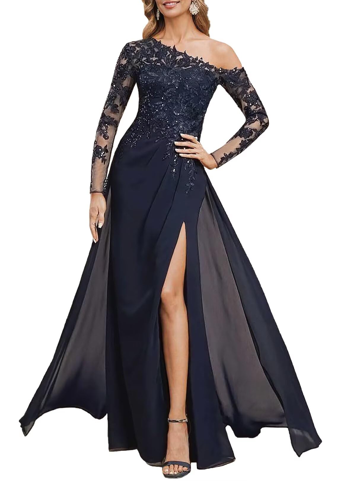 Sequin Lace Mother of The Bride Dresses for Wedding with Slit Long Sleeves Mermaid Prom Formal Gown with Pockets
