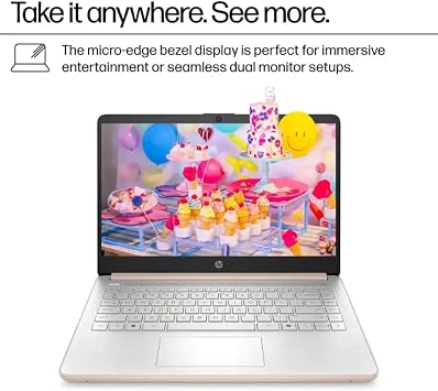 HP 14 inch Student Laptop 2025, Intel Processor N150 (up to 3.60 GHz), 1-Year Microsoft 365, Copilot AI, Fast Charge, Wi-Fi 6, Ultra Slim, Win 11 S, w/128GB PSD (Pale Rose Gold, 4GB RAM | 128GB UFS)