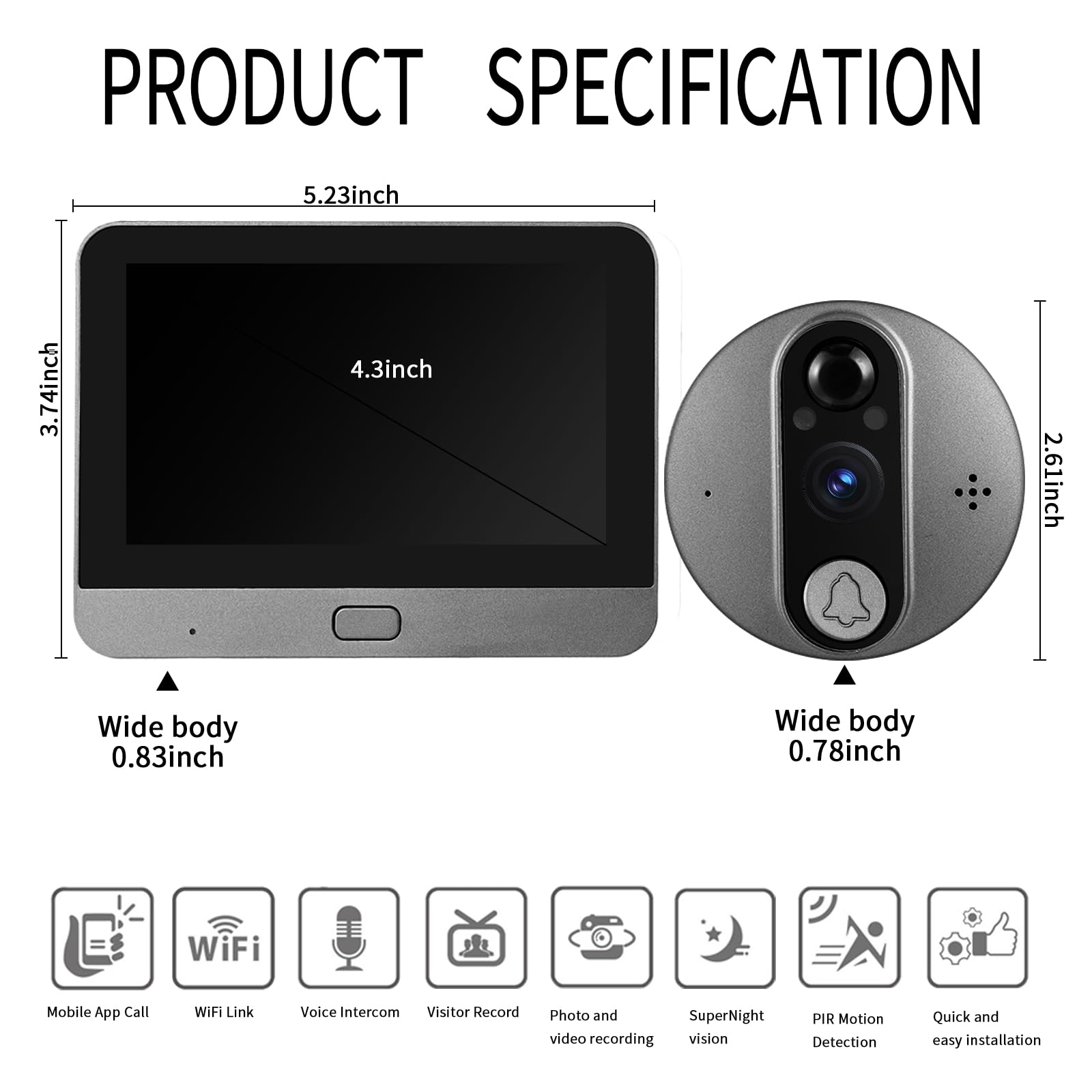 Videocitofono WiFi, spioncino con display LCD da 4,3", telecamera spioncino, 1080p, grandangolo 120°, visione notturna, rilevamento del movimento, audio a 2 vie, compatibile con app Smart Life