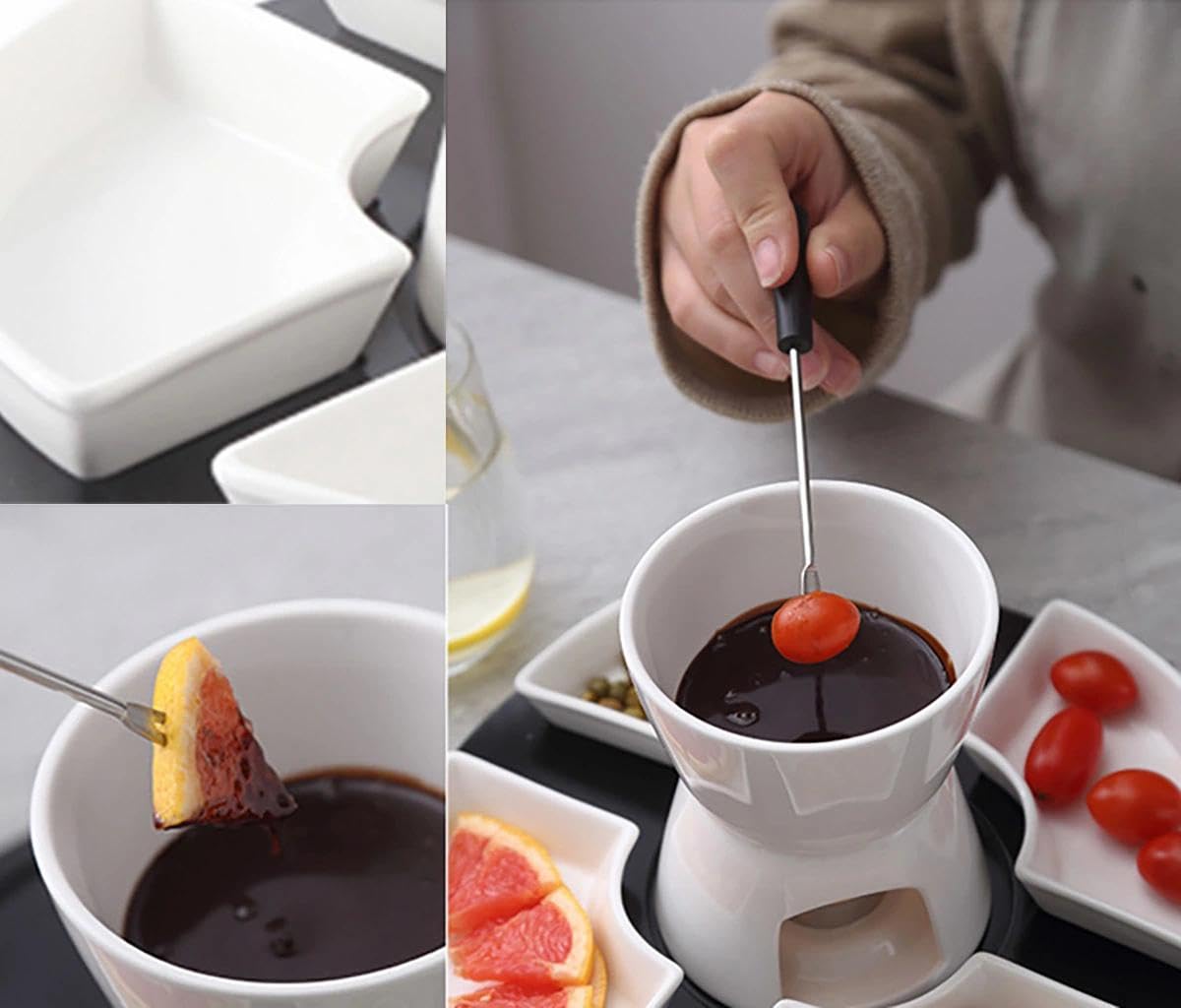 Ceramiczny zestaw do fondue czekoladowego, 300 ml, czekoladowe fondue z 4 talerzami ceramicznymi i 4 widelcami, do sera, fondue, rodzinnych obiadów, deserów, pikników, biały