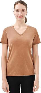 100% Merino Wool V Neck T-Shirt for Women Short Sleeve Base Layers Odor Resistance Tops for Outdoor Hiking