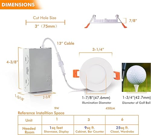 Miniatura 3 de CLOUDY BAY Paquete de 12 Luz empotrable LED ultrafina de 3 pulgadas y 5 colores con caja de conexiones, lámpara descendente de oblea sin lata,