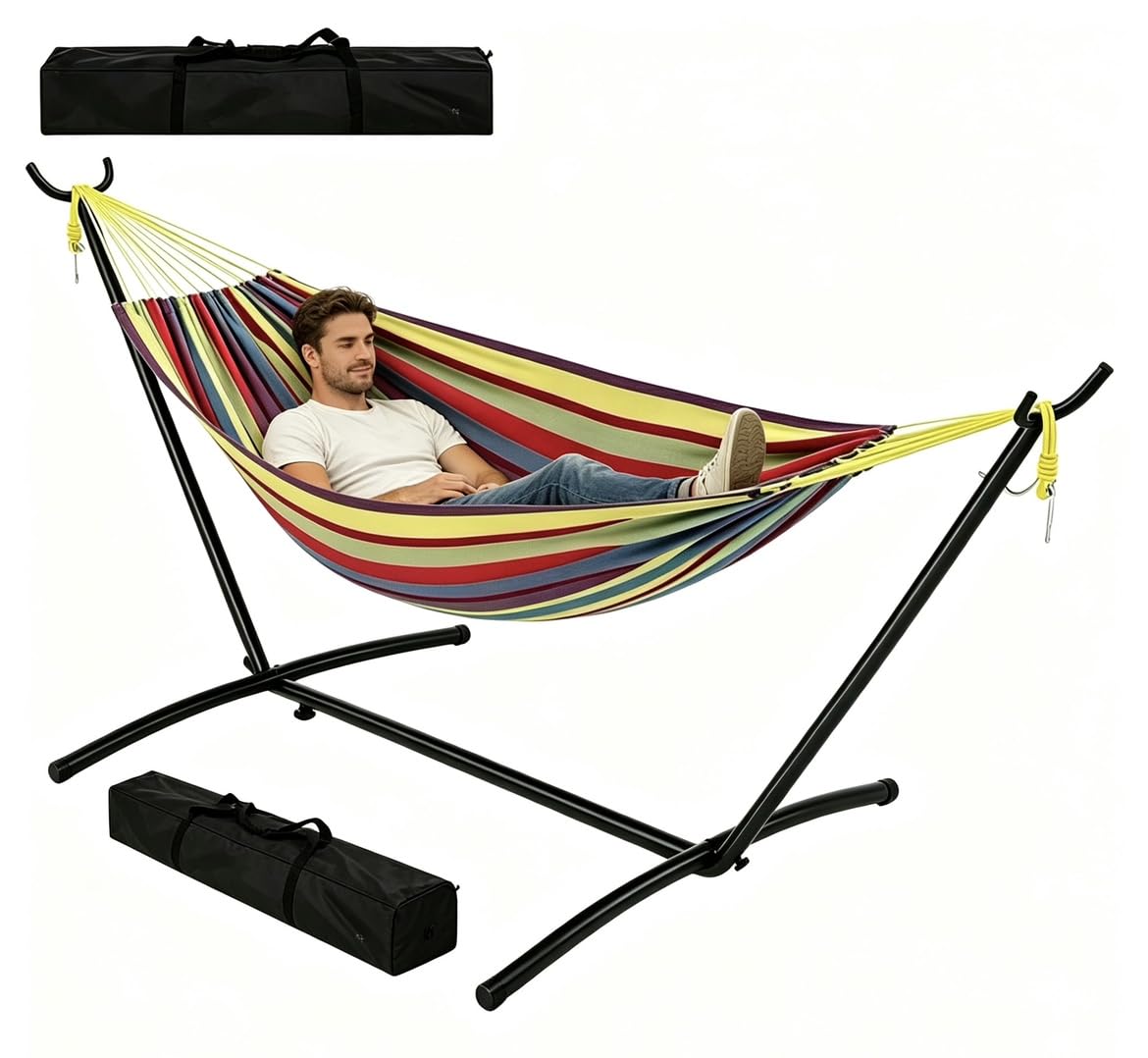 450Lbs Hammock with Stand, 107.5in Striped Double Hammock with Cotton-Polyester Fabric, Storage Bag, Detachable Iron Frame, Suitable for Garden, Patio, Backyard, Outdoor, Yellow Rainbow
