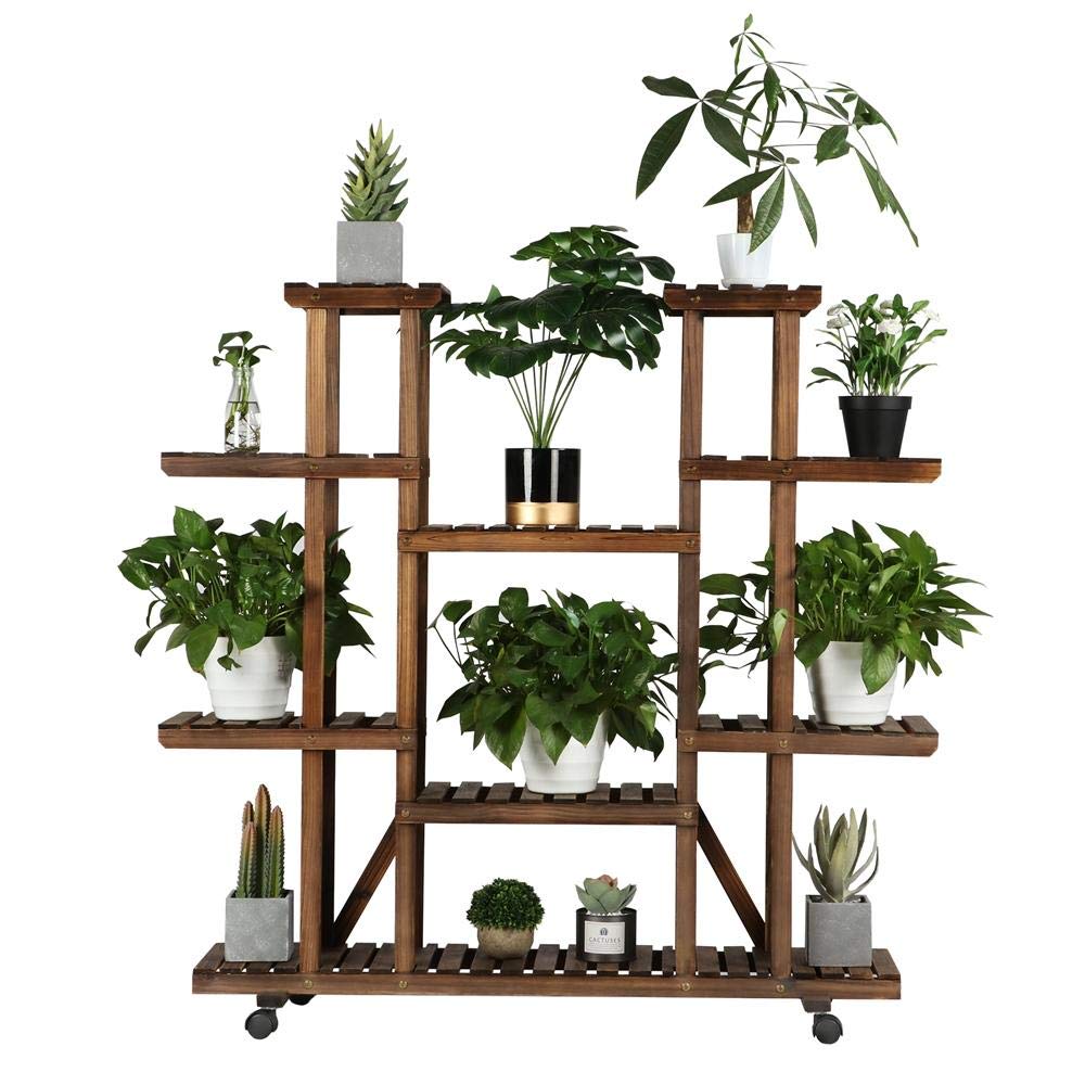 Yaheetech Scaffale per Piante Scaffalatura Porta Vasi in Legno con Ruote 124,5 x 33 x 120 cm Supporto Verticale a 9 Ripiani Fioriera da Interno Esterno Balcone Giardino