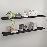 Vista 20 de Estantes flotantes de pared de madera maciza, almacenamiento para dormitorio, sala de estar, juego de 3, estantes de pared negros rústicos