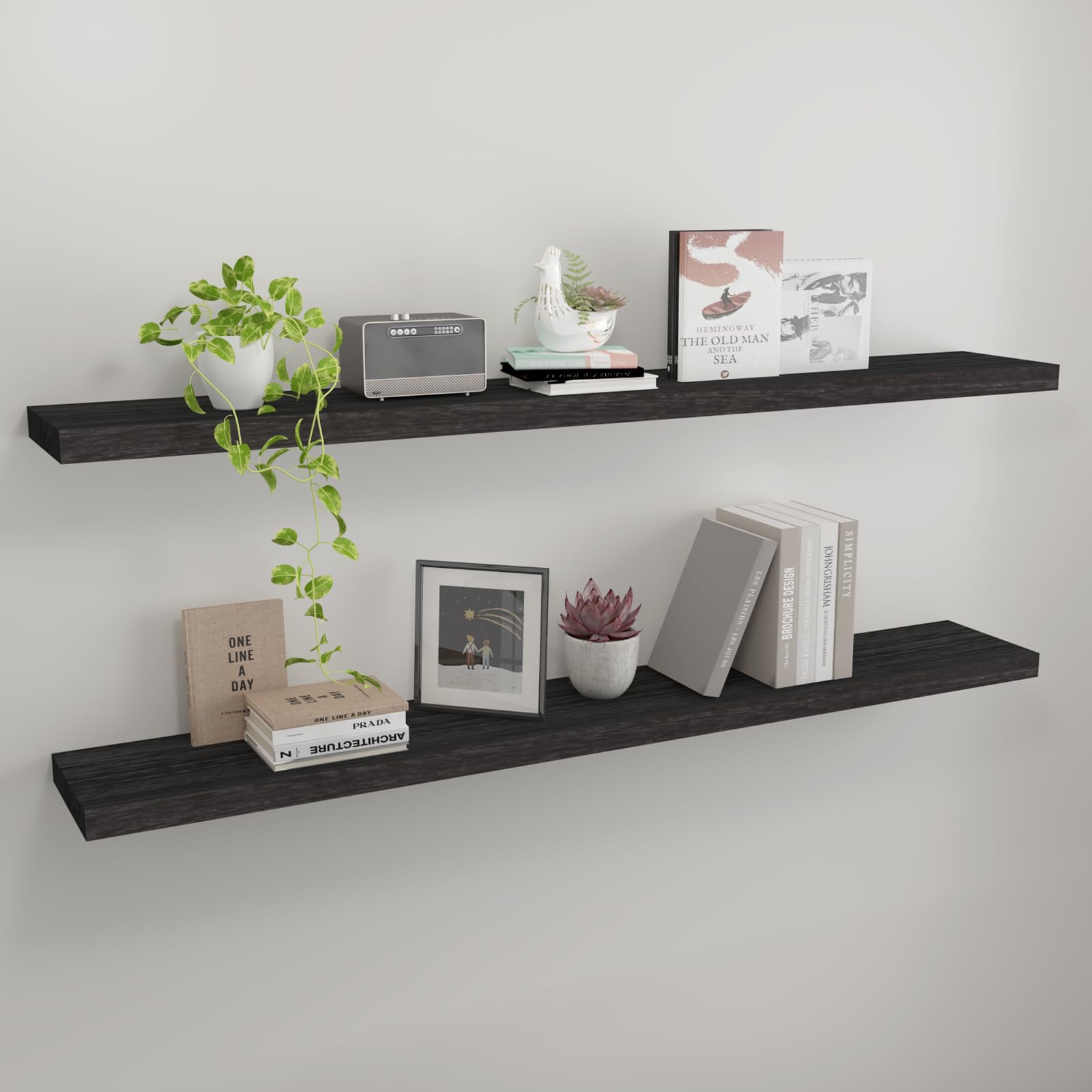 floating shelves 48 inch wall shelf solid wood mounted storage for bedroom living room set of 2, black wall shelves