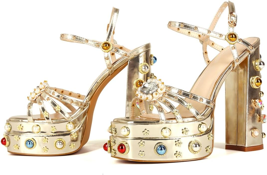Feinlina Rhinestone Platform Chunky Heels for Women Open Toe Ankle Strap Dress Pumps with Gems Green Pink Floral Print Embroidery Wedding Party Sandals