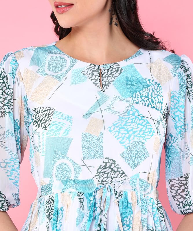 Image of Women's Empire Dress, Georgette Floral Printed Short Sleeve Smart Casual Dress