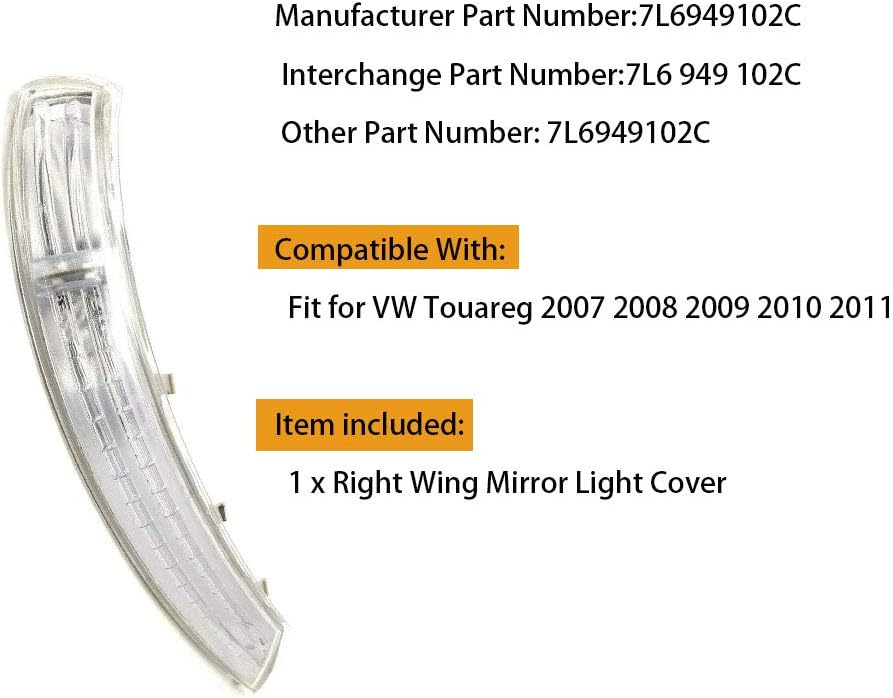 7L6949102C Right Rear Mirror Turn Signal Light Cover for VW Touareg 2007-11