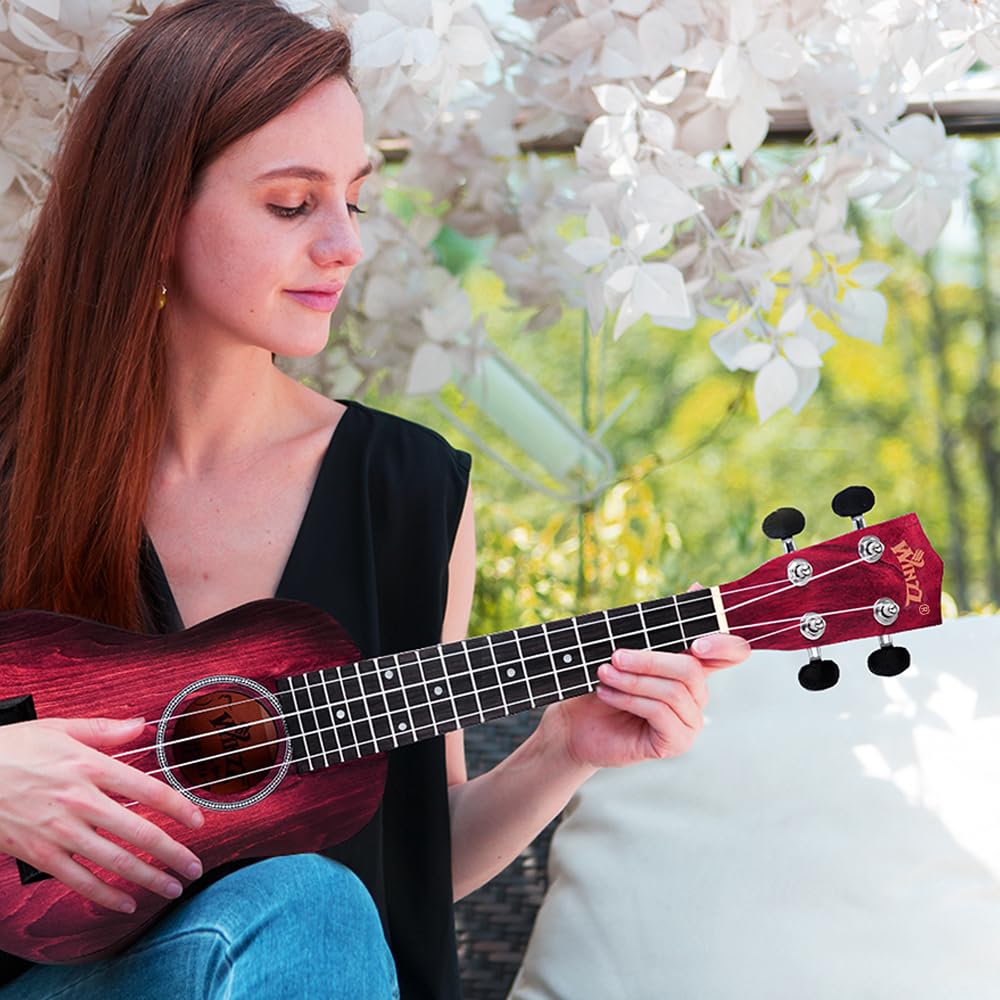 Winzz Ukulele Soprano 21 Pollici - Kit per Bambini, Adulti e Principianti - Rosso Unico Con 8 Accessori: Accordatore, Custodia, Tracolla, Corde