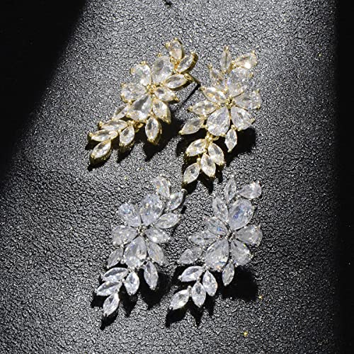 Women's Cubic Zirconia Wedding Earrings - 14k Plated Sterling Silver Bridal Crystal CZ Cluster Floral Flower Dangle Drop Earring for Bride Bridesmaids Party Prom Girls Costume Jewelry 6
