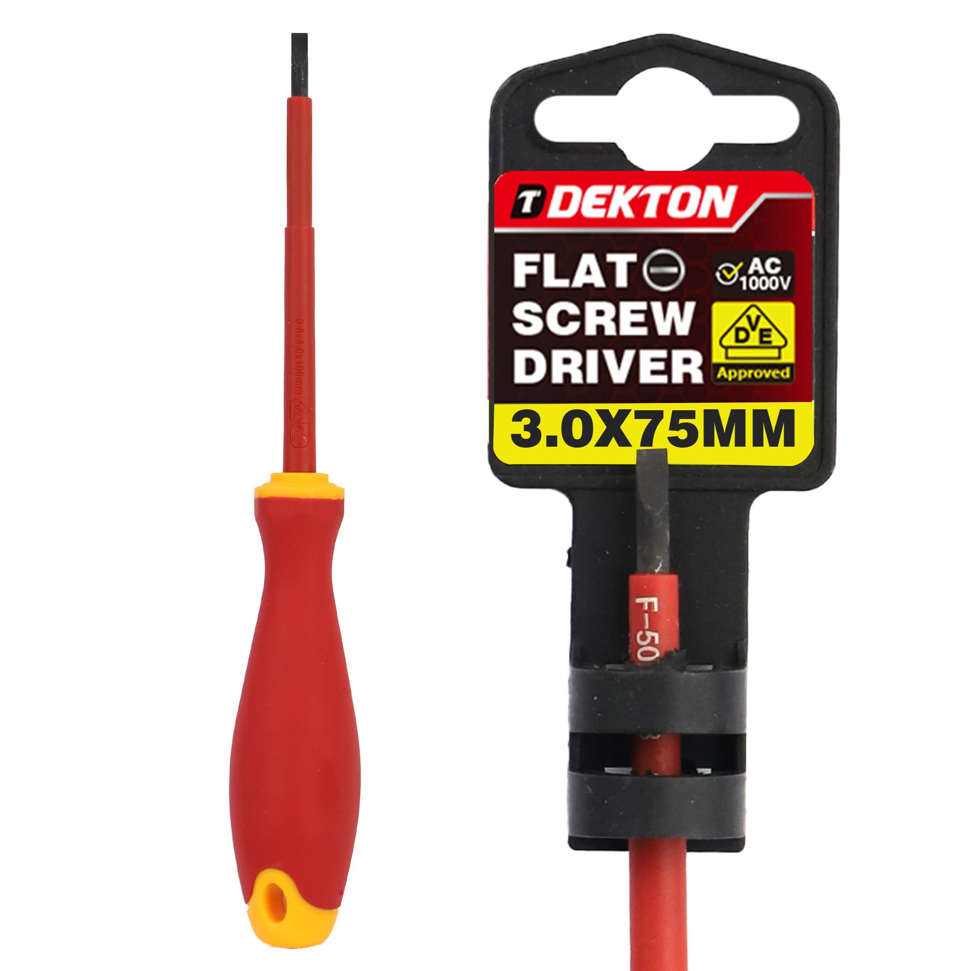 Dekton Red Slotted Vde Screwdriver Sl 0.5X3.0x75mm – Vde Certified To En Iec 60900:2018 | Tested To 1000V | Chrome Vanadium Shaft With Corrosion-Resistant Tip | Ergonomic Dual-Colour Handle