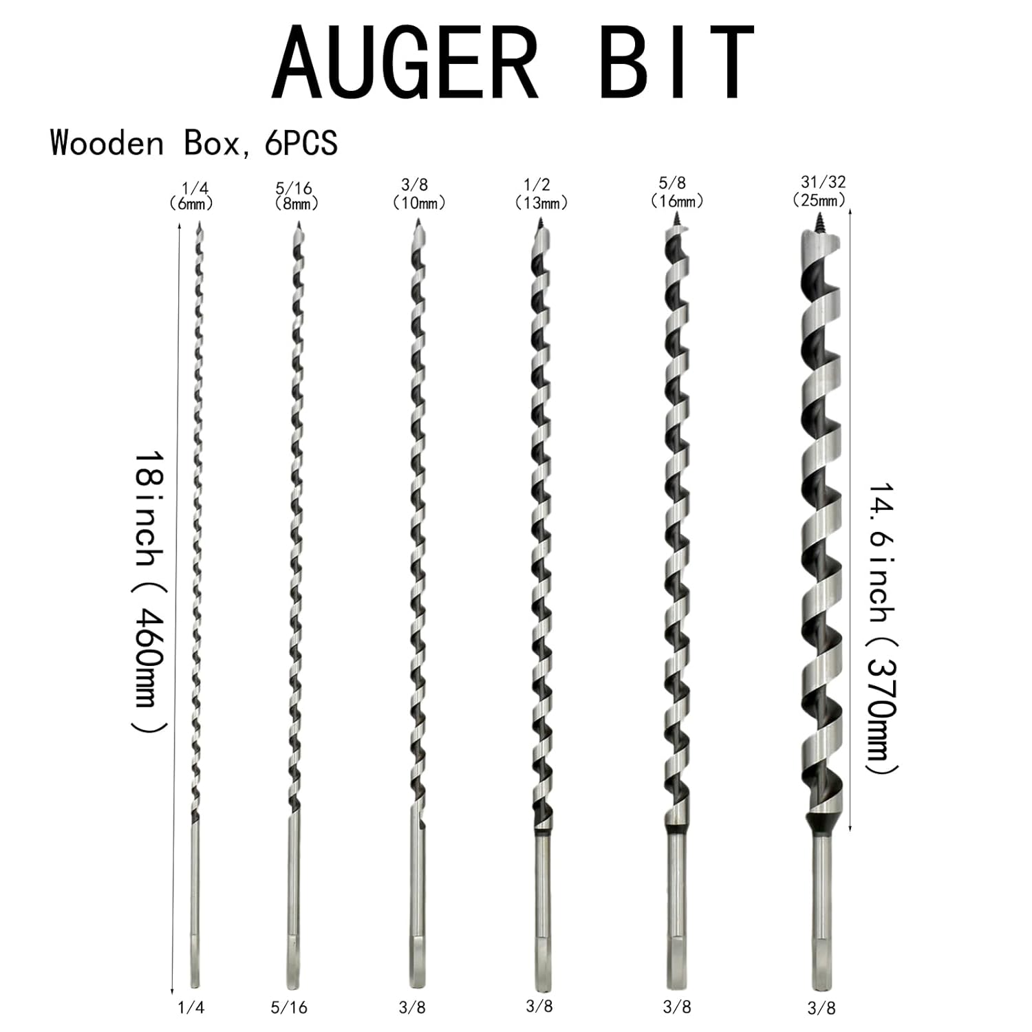ボックス 6PCS 18インチ オーガー ウッドドリルビット 木工ドリル .1/4、5/16、3/8、1/2、5/8、31/32 オ