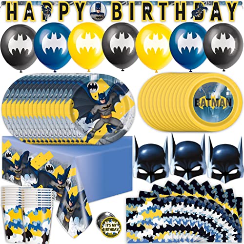 Batman Birthday Party Supplies | Batman Party Supplies | Batman Birthday Decorations | Batman Party Decorations | With Balloons, Banner, Table Cover, Masks, Plates, Cake Plates, Napkins, Cups, Button | For Boys or Girls | Serves 16 Guests