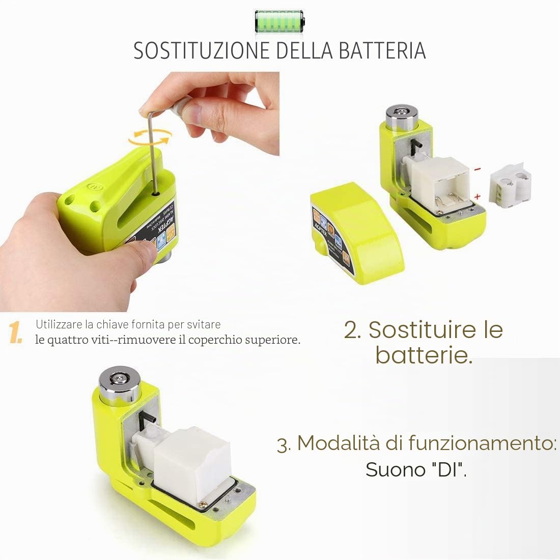 AGPTEK Bloccadisco Antifurto Moto Impermeabile con Allarme Sonoro 110dB, Blocca disco in lega di zinco per moto, bici e monopattino, 2 chiavi e 1,5m Reminder Cavetto